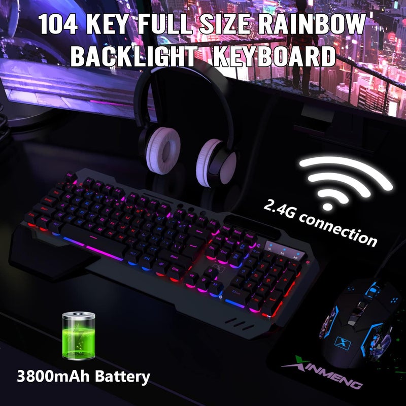 LexonElec Wireless Gaming Keyboard and Mouse Combo,Rainbow LED Backlit Keyboard with Rechargeable 3800mAh Battery Metal Panel,Removable Wrist Rest Mechanical Feel and 7 Color Mute Gaming Mice for PC PS4 PS5 - Image 5